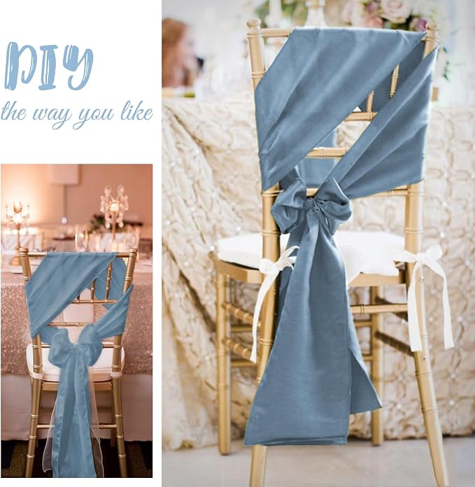 Pesonlook 120 PCS Dusty Blue Satin Chair Sashes Bows Satin Chair Sashes Universal Chair Cover for Wedding Reception Restaurant Event Decoration Banquet,Party,Hotel Event Decorations (7 x 108 inch)