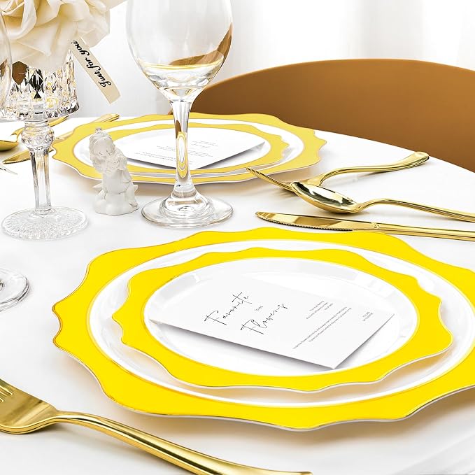 realluck 100 PCS White and Yellow Disposable Plates for 50 Guests, Scalloped Plastic Plates Include 50 Dinner Plates and 50 Dessert Plates for Party, Wedding