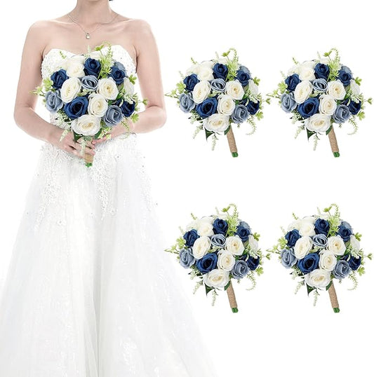 Set of 4 Bridesmaid Bouquets for Wedding - 7 Inch Artificial Flower Bouquet for Party Ceremony Anniversary Dinning Table Centerpieces Decor -Navy Blue & Dusty Blue & White