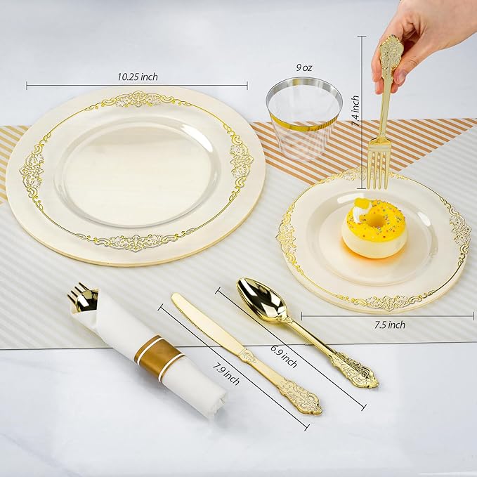 Bestluck 350PCS Clear Plastic Plates for 50 Guests, Disposable Dinnerware Sets Include 50 Gold Rim Plastic Plates, 25 Silverwares, 25 Cups, and 25 Pre Rolled Napkins for Party, Wedding and Graduation