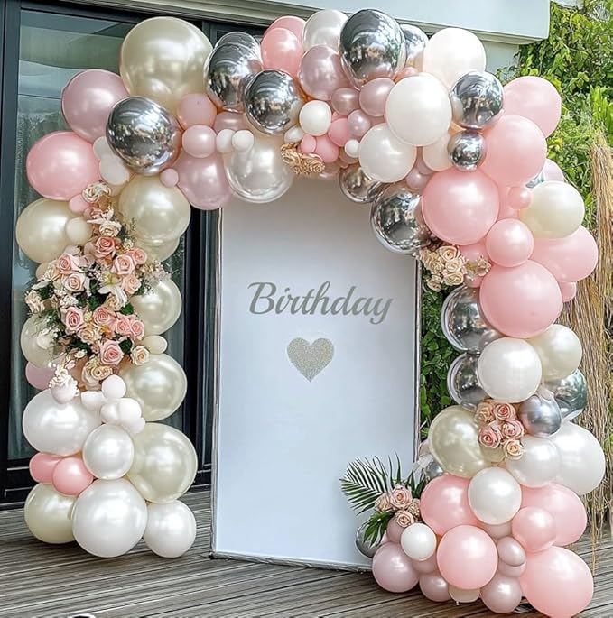 Pearl White and Pink Balloon Arch Double Stuffed Light Pink White Silver Balloon Garland with Sliver Foil Latex Balloons for Neutral Birthday Baby Girl Bridal Shower Wedding Party Decoration
