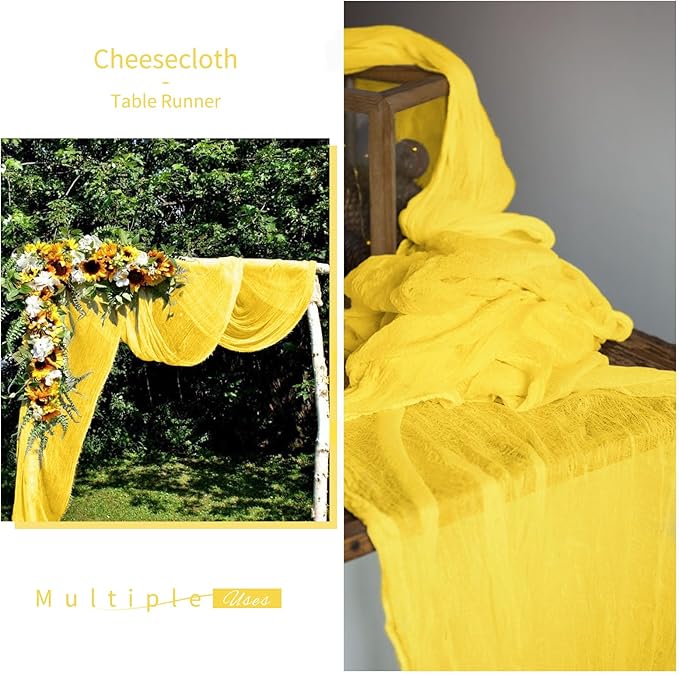 Showgeous 6 Pack Yellow Cheesecloth Table Runner, 10FT Long Semi-Sheer Boho or Rustic Gauze Table Runner Wedding Table Decor for Wedding Arch Draping Bridal Shower Holiday Party