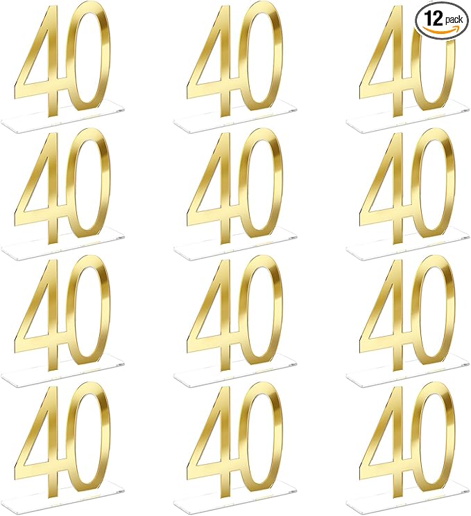 Threehoney 12 Pcs Mirror Gold 40th Birthday Decorations for Men and Women Acrylic Anniversary Decorations Table Numbers Centerpieces for Birthday Party
