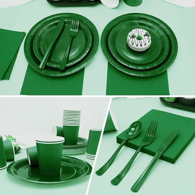 Green Paper Plates Party Supplies,168pcs Green Plates and Napkins Party Supplies Disposable Dinnerware Sets for St. Patrick's Mardi Gras Birthday Decorations Serve 24