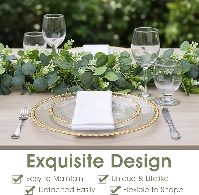 8 Pcs 5.9Ft Eucalyptus Garland, Artificial Eucalyptus Leaves with Flowers Faux Table Greenery Garland Fake Wreath Vines Decoration for Centerpiece, Wedding, Arch, Wall, Stair, Party