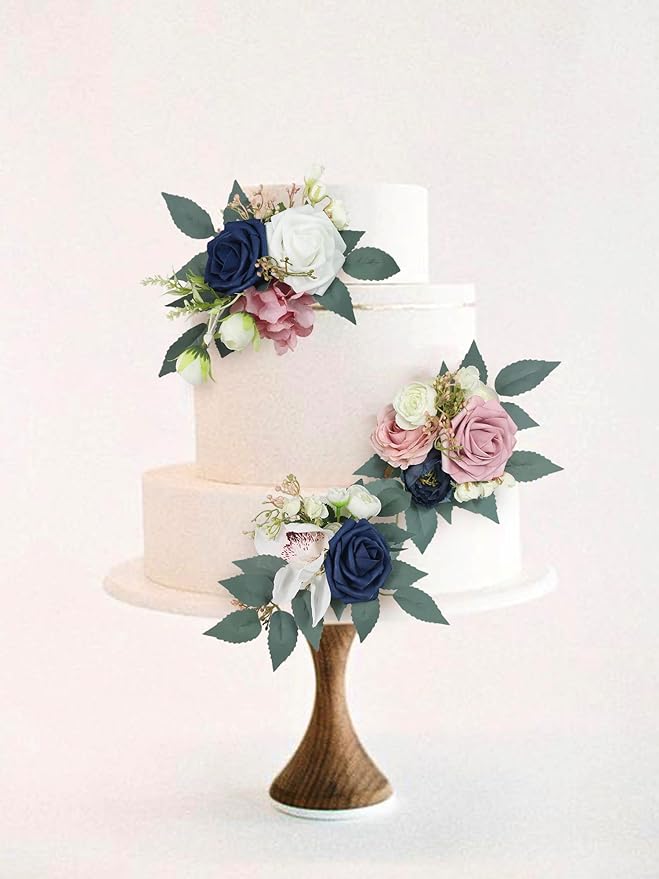 Rinlong 3Pcs Pre-made Cake Flowers Navy Blue Pink Cake Decorations Wedding Cake Decorating Flowers Decor Birthday Baptism Party Artificial Flowers Cake Toppers