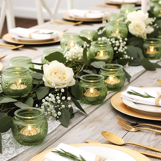 12 Pcs Green Candle Holder-Floral Style Vintage Candle Holders for Wedding Table Centerpieces, Bridal Shower Decor, Rustic Wedding Decor, Tea Party