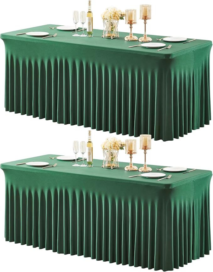 2 Packs Green Table Clothes for 6 Foot Rectangle Tables, Wrinkle Resistant Stretch Spandex Table Covers Fitted Tablecloth with Skirt for Easter Event Banquet Wedding Birthday Party