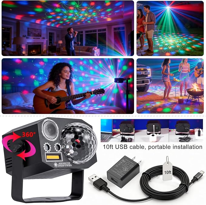 Dj Party Disco Ball Lights with Pattern and Sound Activated,10 ft USB Cable, Laucnpty LED Stage Strobe Light that Sync with Music, Christmas Rave/Home Karaoke/Dance/Club Bar Lights for Parties