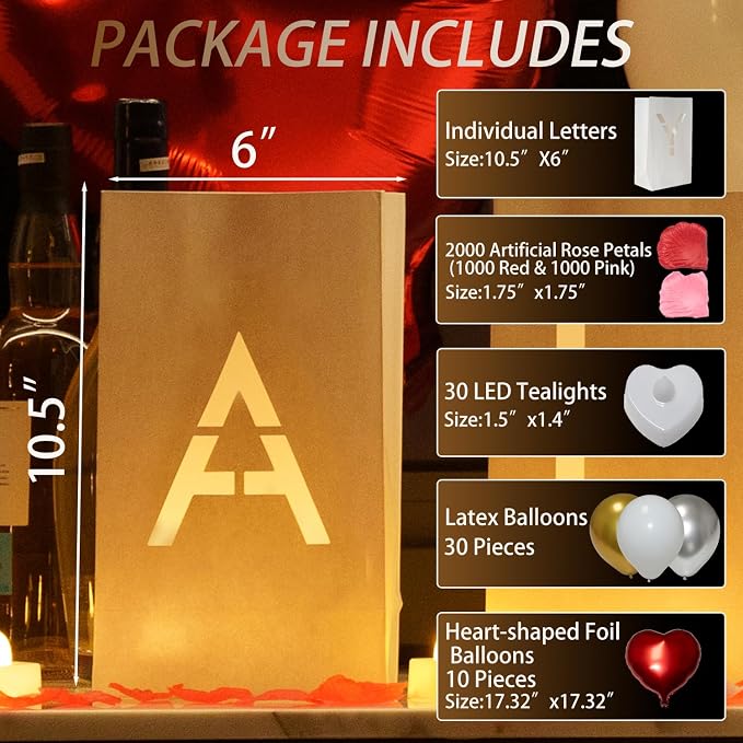 I Love You Light Up Letters Signs, Romantic Proposal Anniversary Valentines' Day Decorations with Luminary Paper Bags, 30 LED Tea Light Candles, Red Heart Balloons, Artificial Rose Petals