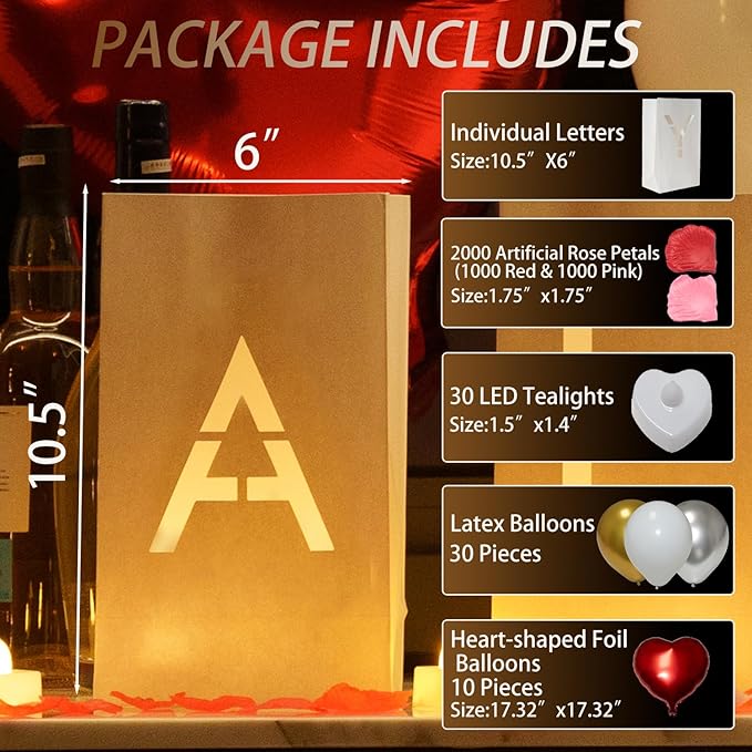 Will You Marry Me Sign - Marry Me Light Up Letters Set with Luminary Paper Bags, LED Tea Light Candles, Red Heart Balloons, Artificial Rose Petals - Proposal and Valentines' Day Decorations