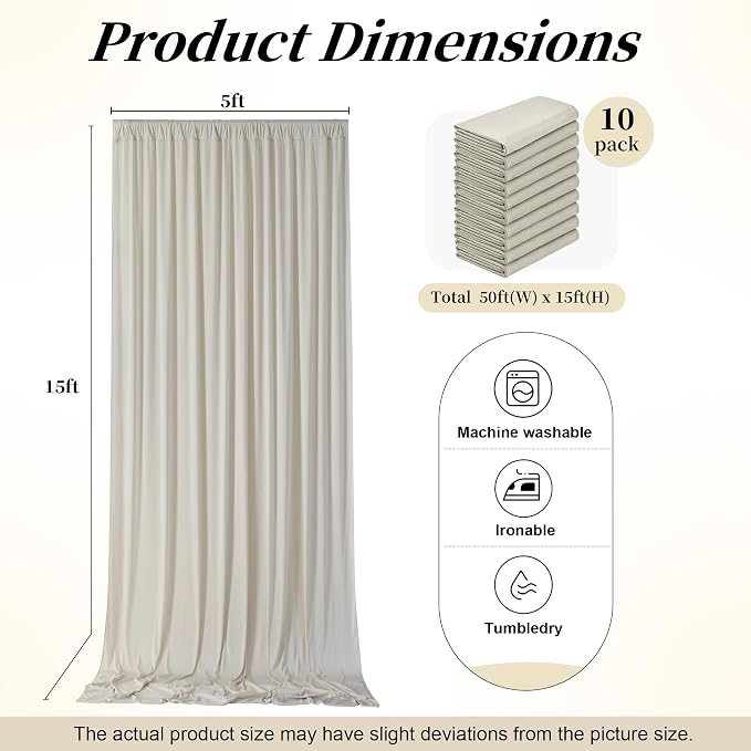 50ft x 15ft Beige Backdrop Curtains for Wedding Parties, 10 Panels Extra Long Wrinkle Free Fabric Drapes Photo Backdrop for Baby Shower Birthday Stage Reception Lobby Decoration