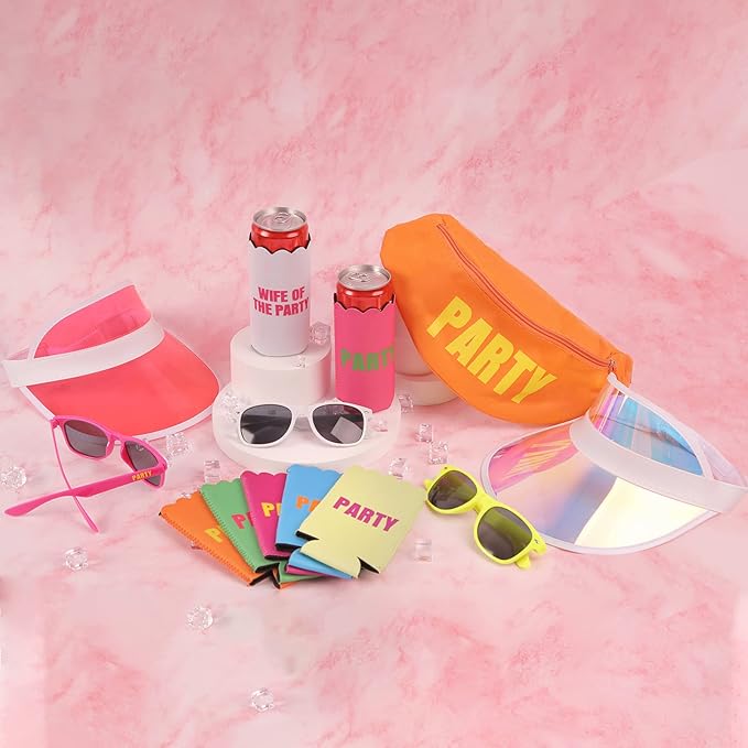 Neon Bachelorette Fanny Packs | 28 pc Set of 7 Bachelorette Party Favors & Accessories - 1 'Wife of the Party' & 6 'Party' Neon Fanny Packs with Sunglasses & Visors | 80s Retro Bachelorette Party Kit