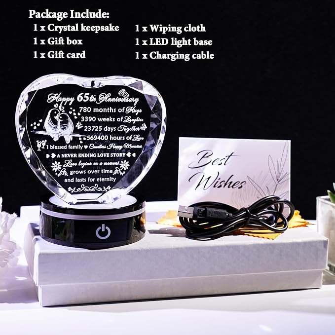 YWHL 65th Wedding Anniversary Crystal Heart Gifts for Parents Couples with LED Base Laser Engraved Happy 65 Years Anniversary Keepsake Gift for Husband Wife 65 Years of Marriage Gifts for Her Him