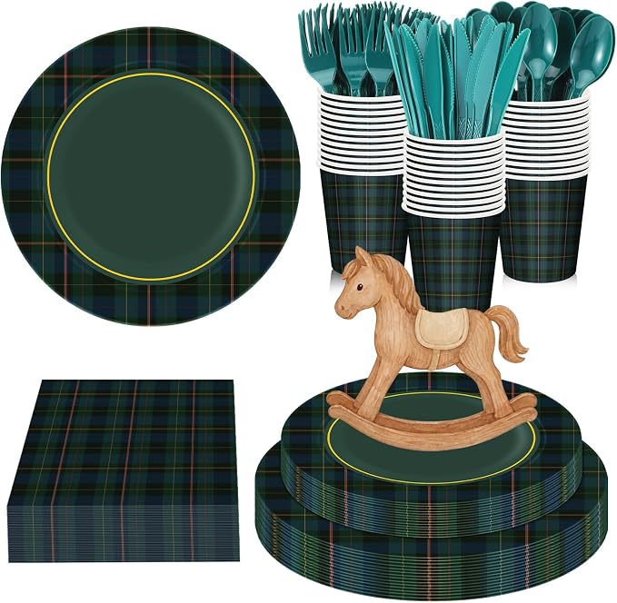 168 Pcs Green Blue Tartan Plaids Baby Shower Decorations We Can Bearly Wait Birthday Tableware Set Navy and Green Plaid Disposable Paper Plates Cups Utensils Serves 24
