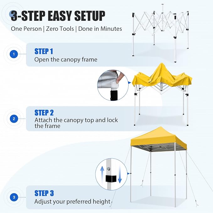 EAGLE PEAK 5x5 Pop Up Canopy Tent Instant Outdoor Canopy Easy Set-up Straight Leg Folding Shelter, Yellow