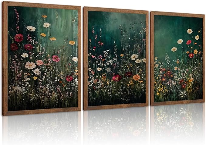 Vintage Wildflower Wall Art Set of 3, Dark Green Flower plant Canvas Prints Wall Decor, Gothic dark style pastoral landscape painting for Living Room Bedroom Farmhouse Home Decor 12x16in Wood Framed