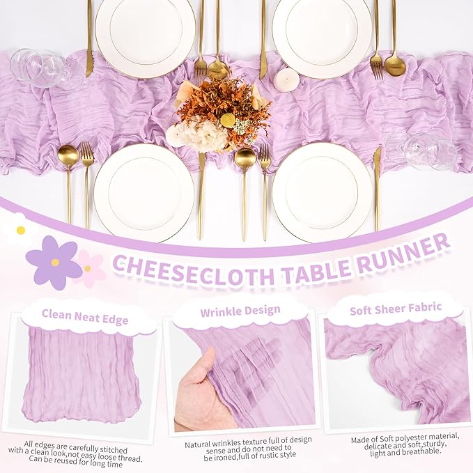 6 Pack Cheesecloth Table Runner,Light Purple Table Runner Long Romantic Semi Sheer Rustic Boho Gauze Table Runners for Wedding Bridal Shower Birthday Party Decorations(17.7×108 Inch)