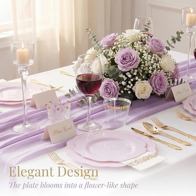 NOCCUR 175PCS Purple Plastic Plates with Gold Disposable Silverware - Include 50 Lavender and Gold Plastic Plates,25 Knives,25 Forks,25 Spoons,25 Cups and 25 Napkins - Mother's Day/Spring Party