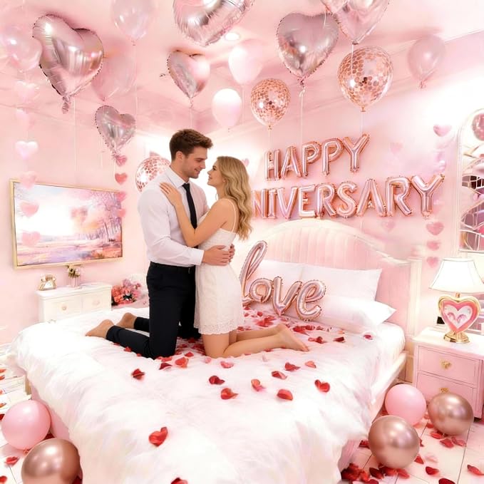 Rose Gold Anniversary Decorations Set - 1052pc Romantic Room Decor Kit with 1000 Rose Petals, HAPPY ANNIVERSARY & LOVE Foil Balloons - Perfect for Proposal, Wedding, Valentine's, Hotel Room Surprises