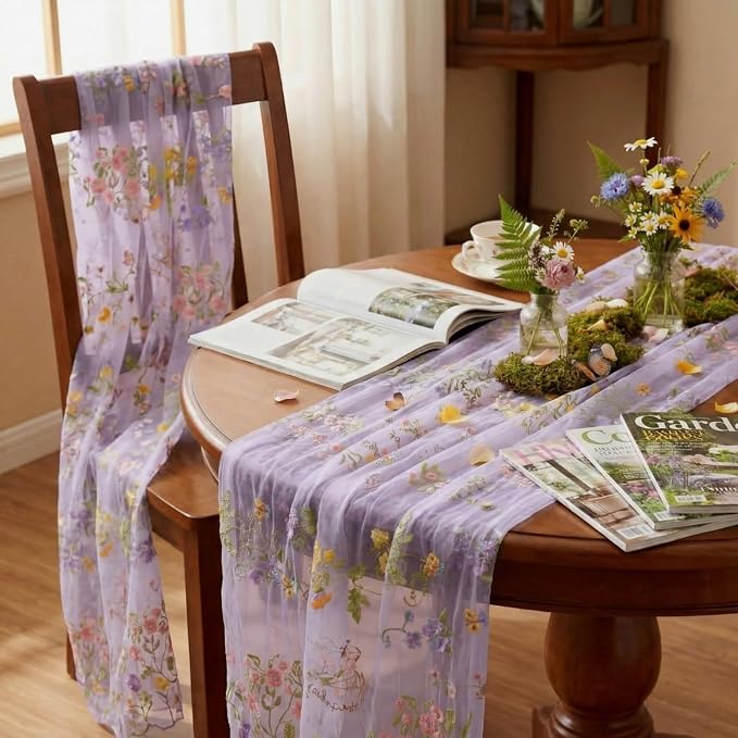 Purple Floral Table Runner 10ft Embroidery Tulle Spring Wildflower Gauze Table Runner Seasonal Summer Butterfly Kitchen Dining Decoration for Wedding Baby Shower Birthday Party (1 Pcs)