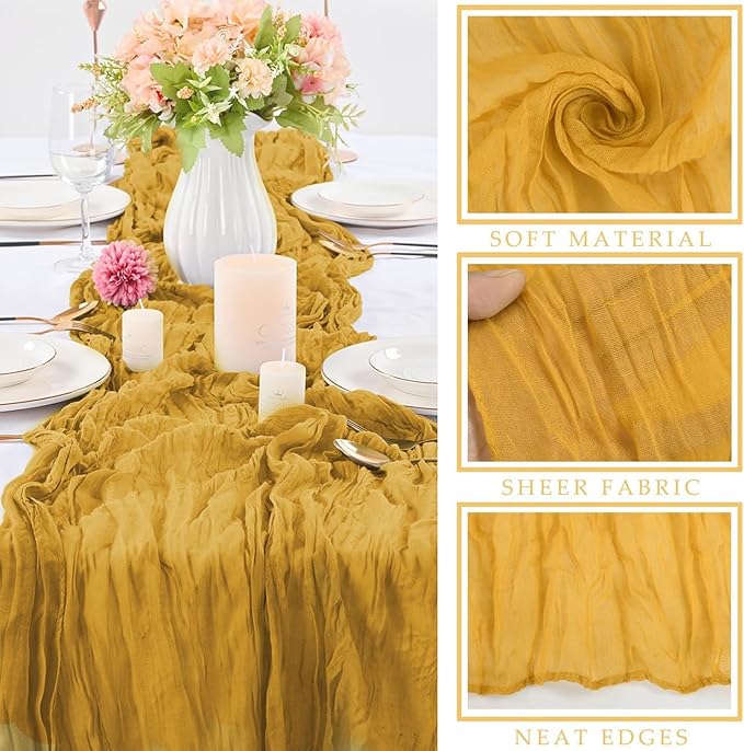 6 Pcs Mustard 35 x 120 Inches Long Cheesecloth Table Runner 10FT Runner for Tables Gauze Fabric Boho Table Runner Decoration Rustic Semi Sheer Runner for Wedding Baby Shower Birthday Party (Mustard)
