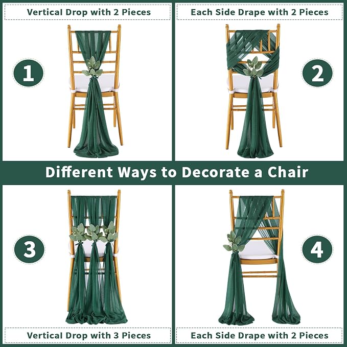 QueenDream Emerald Green Chair Sashes Wedding Aisle Decorations: 24 Packs 8ft Long Draping Fabric Sheer Church Chair Cover Bulk for Party Banquet