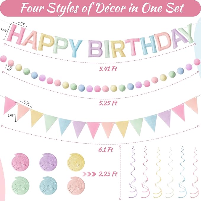 Kriyokiaa Pre-Strung Felt Happy Birthday Banner Pastel Happy Birthday Party Decorations with Pom Pom Garland, Flag and Hanging Swrils for Women Girls Party Decor