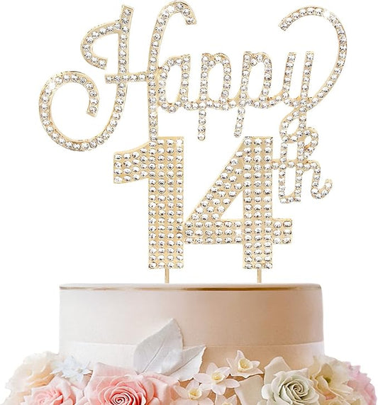 LINGTEER Happy 14th Birthday Gold Rhinestone Cake Topper - Cheers to 14th Birthday Fourteen Years Old Party Cake Centerpieces Topper Decorations Gift Sign.