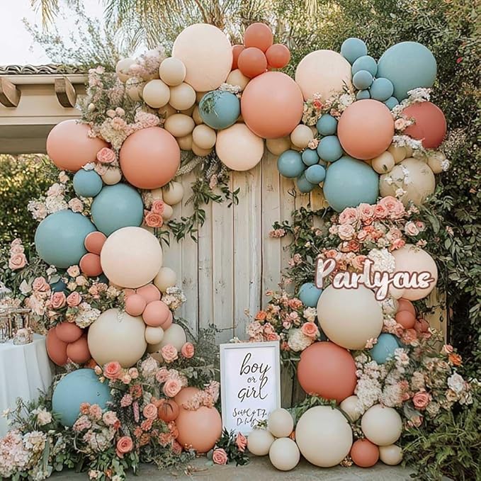 Dusty Pink Blue Balloon Garland Double Stuffed, Peach White Sand Blush Gender Reveal Balloon Arch Kit for Baby Shower Boho Birthday Bear Party Decoration