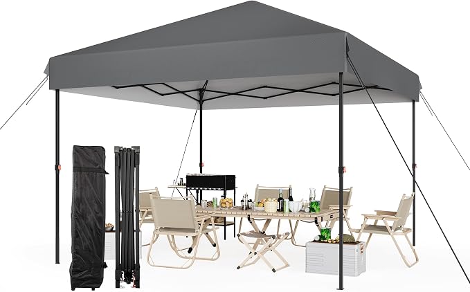 10x10 Heavy Duty Pop Up Canopy – One-Person Setup Outdoor Tent with Roller Bag, Adjustable Heights, Sandbags, Stakes & Ropes – Instant Grey Shelter, No Sidewalls