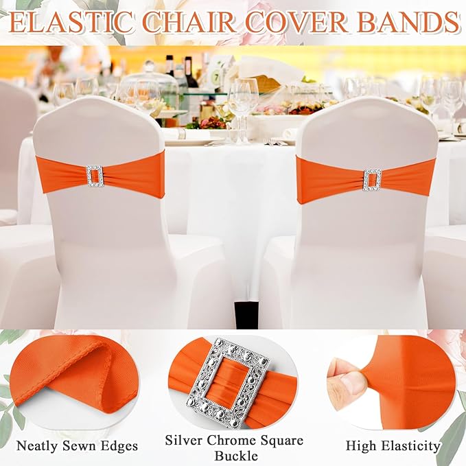 VitalCozy 100 Pcs Spandex Chair Sashes with Square Buckle Slider Stretch Chair Cover Band Universal Elastic Ties Straps Bows for Wedding Banquet Event Party Decoration(Orange)