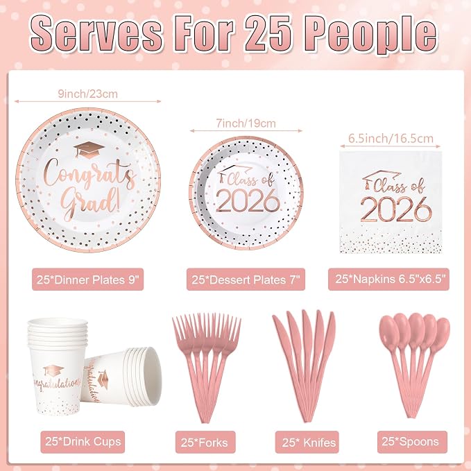 175pcs Class of 2026 Graduation Plates and Napkins Set, Disposable Paper Plate Set Polka Dots Napkin Cups Knife Fork Spoon for Graduation Party Decorations and Supplies,Serve 25(White Rosegold)