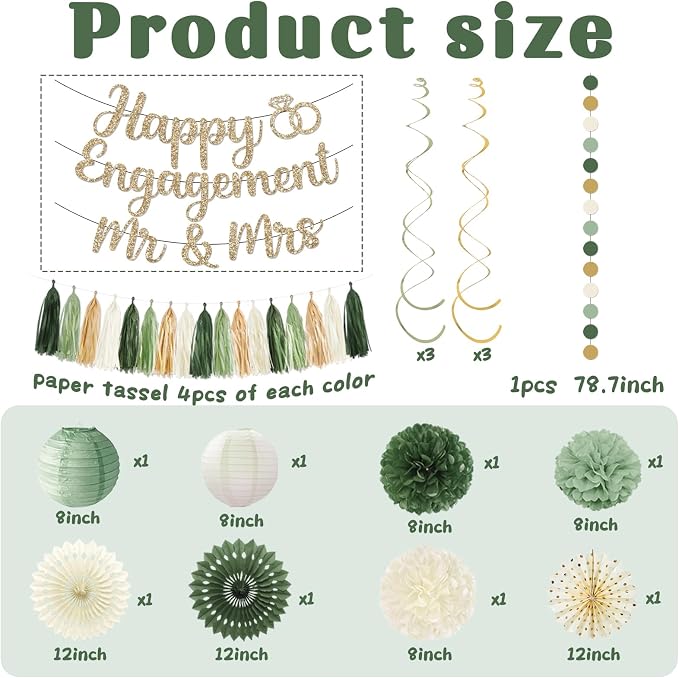 Engagement Party Decorations,Green Sage Congratulations Decorations includes Gold Glitter Happy Engagement Banner for Just Engaged Almost Married Party, Bachelorette Party Decorations