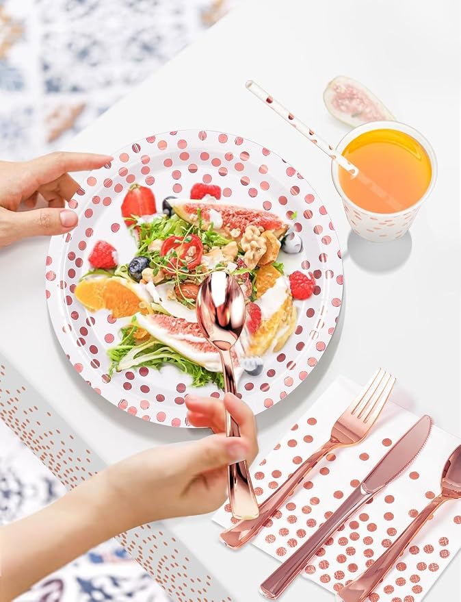 Nkaiso 141 Pieces Rose Gold Party Supplies, Disposable Party Decorations Sets Include Paper Plates Napkins Cups, Plastic Forks Knives Spoons, for Baby Shower Birthday Wedding -20 Guests