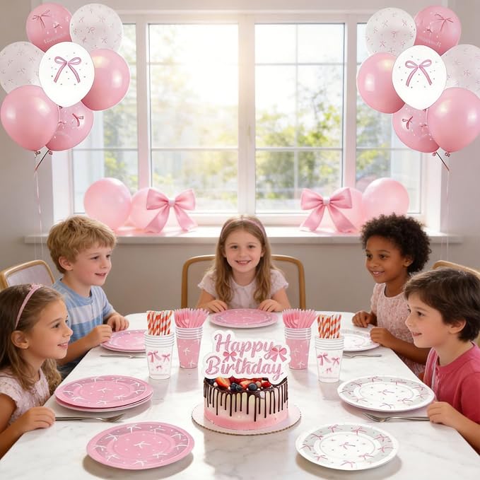 Pink Bow Birthday Party Supplies Serve 24, 232pcs Coquette Birthday Decorations Include Plates Napkins Cups Banner Tablecloth Cake Topper Balloons Tableware for Girls Bachelorette Party Decor