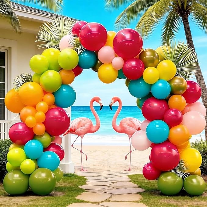 Tropical Balloons Arch Double Stuffed Hot Pink Green Balloons Pastel Yellow Orange Gold Balloon Garland Teal Blue Balloon for Birthday Baby Shower Hawaiian Summer Luau Easter Party Decorations