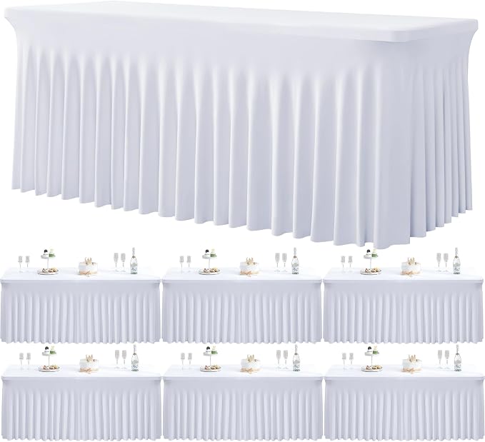 6 Pack Spandex White Table Clothes for 6 Foot Rectangle Tables, Wrinkle Free Stretch Table Cloths 6ft Fitted Tablecover Desk Skirt for Birthday Parties Wedding Banquet Baby Shower