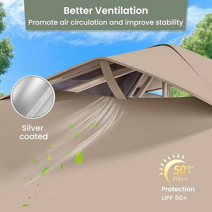 GVDV 10x10 Pop Up Canopy Tent with 4 Sidewalls, Beach Tent with One Push Setup, Outdoor Sun Shade for Events, Parties, Camping - Gazebo with Wheelbag, Khaki, CP23 B