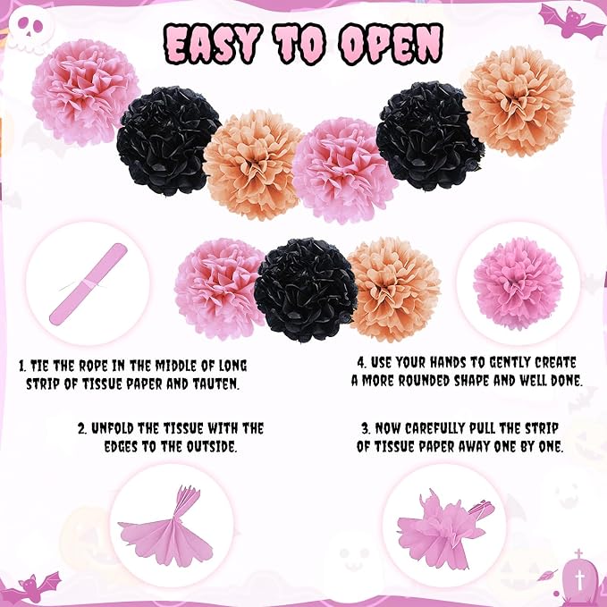 Pink Halloween Party Decorations Set,Include HAPPY HALLOWEEN Banner,Foil Balloons,Cute Hanging Swirl,Fringe Curtain,Paper Pompoms Indoor Outdoor Halloween Party Supplies