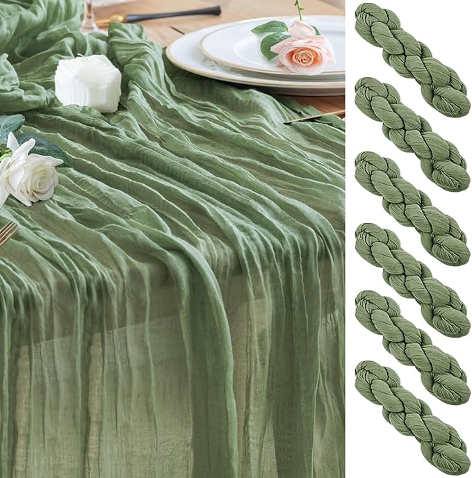 Wokceer Sage Green Cheesecloth Table Runner Spring 6Pack 10FT Boho Gauze Easter Cheese Cloth Table Runner Christmas for Party Long Rustic Sheer Runners for Baby Bridal Shower Wedding