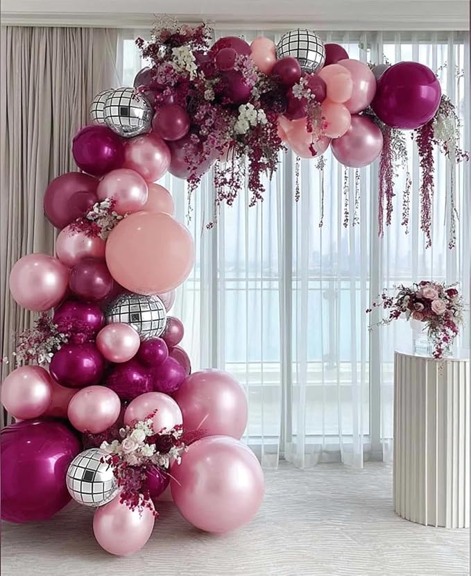 Purple Pink Balloon Arch Double Stuffed Burgungy Pink Pearl Balloons Plum Silver Disco Balloon Garland for Birthday Prom Bridal Shower Mother’s Day Wedding Music Theme Party Decoration