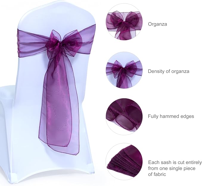 MDS® Pack of 200 Organza Chair Sashes for Wedding Decoration, Reusable Sheer Chair Bows for Banquet Chair Cover, Reception, Bridal Shower, Baby Shower, Birthday Party & Special Events - Eggplant