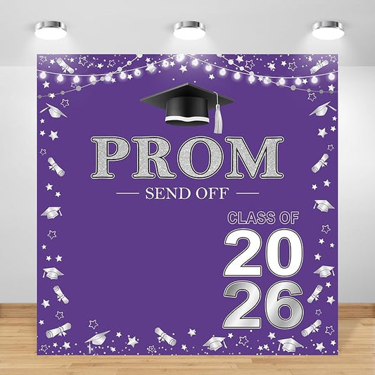 Prom 2026 Backdrop 6x6ft Purple Silver Graduation Prom Photography Background Silver Purple Class of 2026 Graduations Congrats Grad Party Send Off Banner Photo Studio Props (6x6ft)
