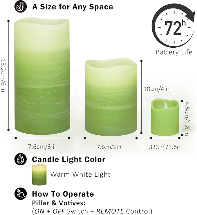 FURORA LIGHTING Green Ombre Flameless Candles - Real Wax, Adjustable Brightness, Remote & Timer - 4 Pillars (3x4, 3x6) and 4 Votives, 8-Pack, Battery Operated