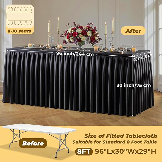 Black Polyester Table Cloths for Rectangle 8 Foot Tables, 2 Pack Wrinkle Free Tablecloths Stretchy Banquet Ruffle Fitted Table Cover Desk Skirt for Parties Wedding Birthday Baby Shower
