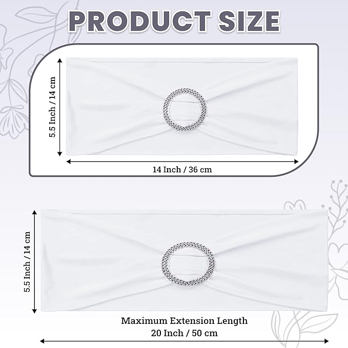 VDS - White | Spandex Chair Sashes Bows | 50 PCS | Stretch Elastic Banquet Universal Folding Chair Band Tie with Silver Buckle Slider for Wedding Party Conference Celebration Event Decoration