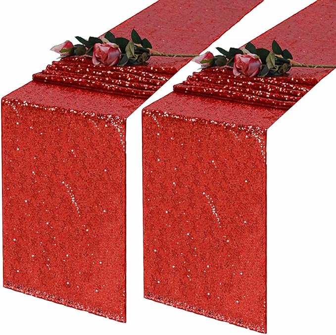 2 Pack Red Sequin Table Runner 12 x 72 Inch - High Density Sparkly Glitter Table Runners for Wedding, Birthday, Anniversary Banquet, Shimmering Red Party Decor