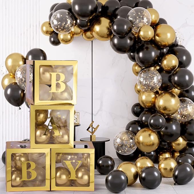 Baby Boxes with Letters for Baby Shower Decorations - 4 Transparent Balloon Boxes for Gender Reveal (Gold)