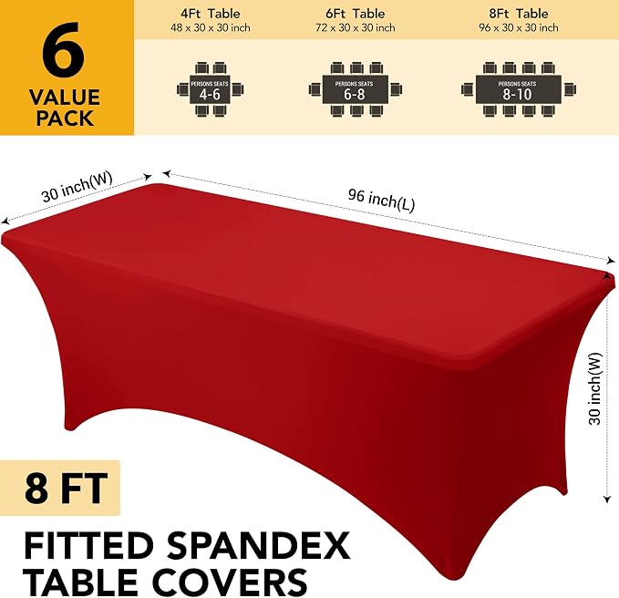 6-Pack Premium Red Spandex Tablecloths for 8ft Rectangle Tables, Stain & Wrinkle-Resistant, Washable Stretch Polyester Fitted Table Cover for Weddings, Banquets, Trade Shows Events